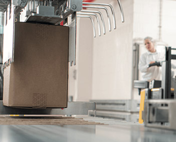 Maschine hebt Karton auf Fließband